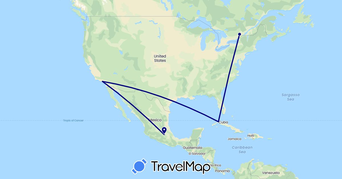 TravelMap itinerary: driving in Canada, Cuba, Mexico, United States (North America)
